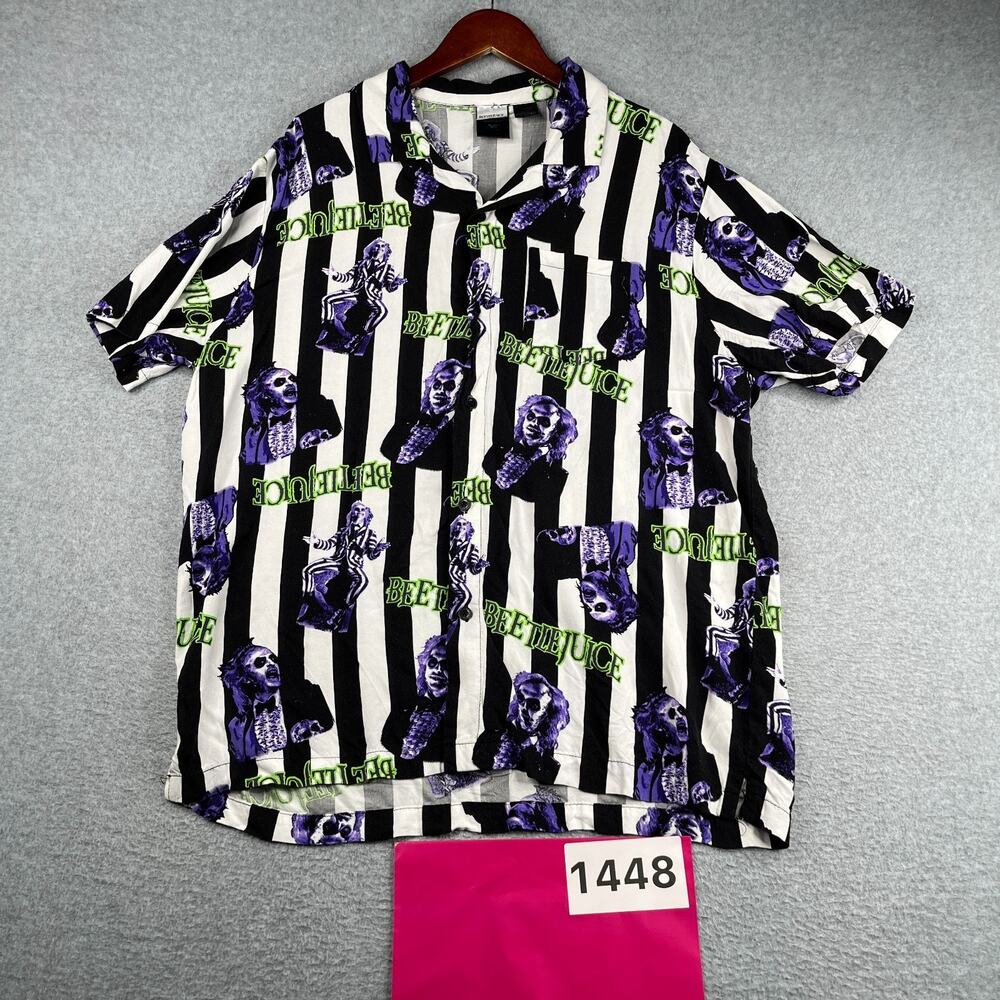 Beetle Juice Shirt Striped Character Print Lightweight Button Up Short Sleeve XL